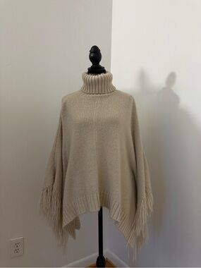Cream Turtleneck Fringe Poncho Sweater